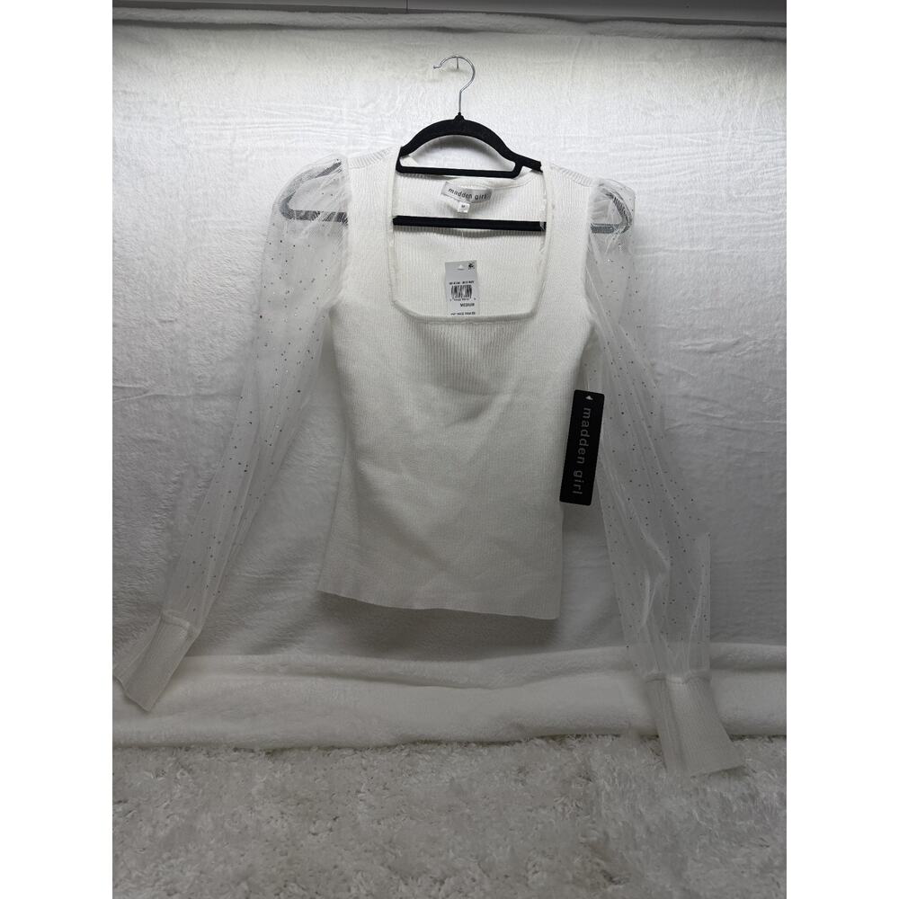 Madden Girl Juniors' Square-Neck Rhinestone-Sleeve Sweater Bright White Size M
